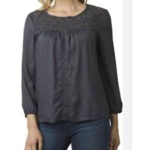 Prana Women's Robyn Lace 3/4 Sleeve Peasant Top Grayish Navy Blue Size Large